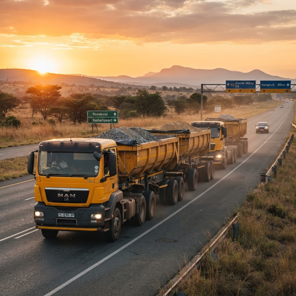 A fleet of MSBC haulage trucks on a South African highway at sunrise