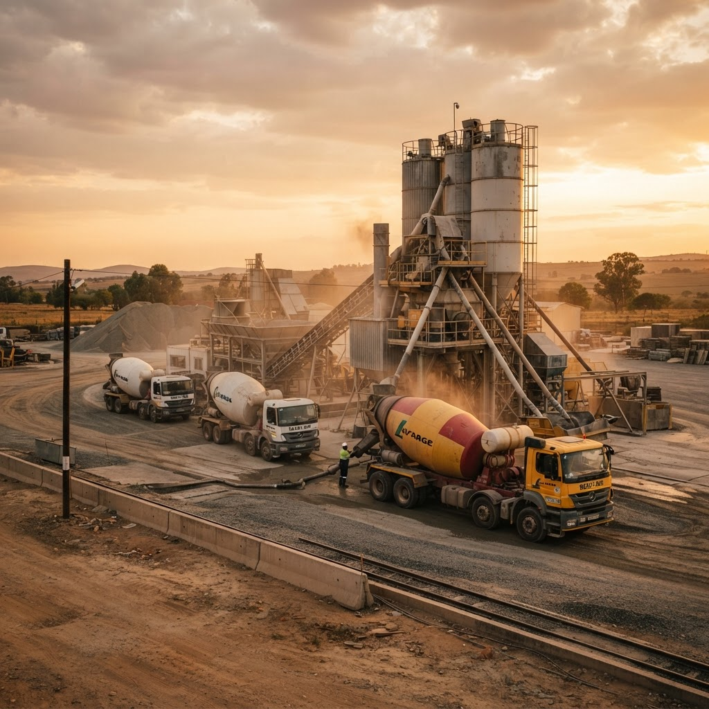 Ready-mix concrete trucks loading at an MSBC batching plant