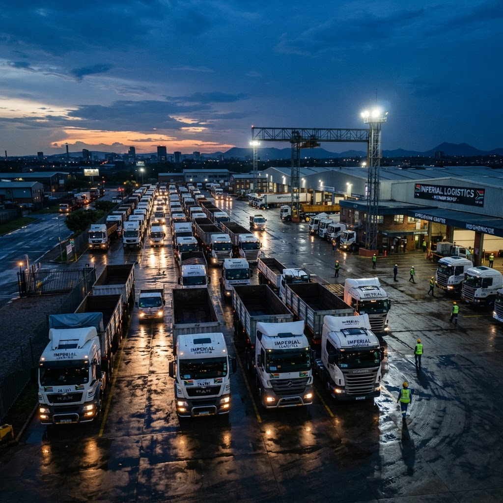 MSBC logistics depot at dusk with a fleet of heavy trucks